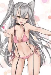 Rule 34 | 1girl, amatsukaze (kancolle), bikini, blush, breasts, chigasaki yukari, commentary request, grey hair, hair between eyes, heart, highres, kantai collection, long hair, looking at viewer, open mouth, orange eyes, pink bikini, side-tie bikini bottom, simple background, small breasts, solo, swimsuit, two side up, very long hair