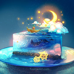 Rule 34 | 1girl, boat, cake, cloud, commentary, crescent moon, dress, english commentary, fish, fishing, fishing rod, food, green hair, highres, manta ray, moon, night, original, plate, red dress, sand, short hair, sitting, star (sky), table, water, watercraft, watermark, web address, yuumei