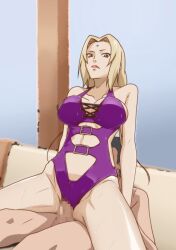 Rule 34 | 1girl, blonde hair, breasts, brown eyes, censored, cleavage, closed mouth, clothed female nude male, clothing aside, couch, facial mark, forehead mark, girl on top, groin, highres, indoors, kyabakurabakufu, large breasts, legs, long hair, lying, mosaic censoring, naruto, naruto (series), nude, penis, pussy, reverse cowgirl position, sex, sex from behind, straddling, sweat, swimsuit, swimsuit aside, thighs, tsunade (naruto), twintails, vaginal