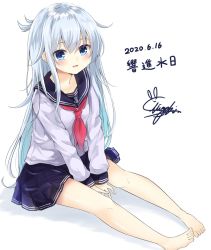 Rule 34 | 1girl, anchor symbol, bare legs, barefoot, black sailor collar, black skirt, blue eyes, blush, dated, hair between eyes, hibiki (kancolle), kantai collection, long hair, long sleeves, neckerchief, no headwear, no legwear, open mouth, pleated skirt, red neckerchief, sailor collar, school uniform, serafuku, shadow, signature, silver hair, simple background, siroyuki, skirt, smile, solo, toes, white background