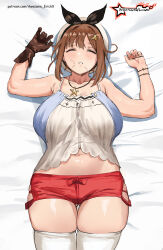 Rule 34 | 1girl, absurdres, atelier (series), atelier ryza, atelier ryza 1, awesomeerix, blush, breasts, brown eyes, brown hair, hair ornament, hairclip, hat, highres, jewelry, large breasts, lying, navel, necklace, on back, open mouth, plump, red shorts, reisalin stout, short hair, short shorts, shorts, sleeping, thick thighs, thighhighs, thighs