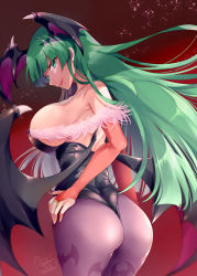 Rule 34 | 1girl, artist name, ass, bat wings, breasts, capcom, demon girl, green eyes, green hair, highres, hinata momo, large breasts, legs, leotard, long hair, looking at viewer, looking back, morrigan aensland, open mouth, pantyhose, seductive smile, sideboob, smile, solo, thick thighs, thighs, vampire (game), wings