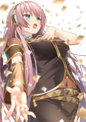 Rule 34 | 1girl, arm warmers, armband, belt, black shirt, black skirt, blue eyes, blue nails, blurry, blurry foreground, breasts, confetti, cowboy shot, depth of field, from below, gold trim, hand on own chest, headphones, highres, long hair, medium breasts, megurine luka, midriff, nail polish, navel, open mouth, pink hair, ryota (ry o ta), shirt, short sleeves, side slit, single arm warmer, skirt, solo, very long hair, vocaloid