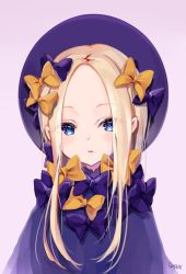 Rule 34 | 1girl, abigail williams (fate), arms at sides, bad id, bad pixiv id, black bow, black dress, black hat, blonde hair, blue eyes, blush, bow, commentary request, dress, eyes visible through hair, fate/grand order, fate (series), forehead, goyain, hair bow, hat, head tilt, highres, long hair, long sleeves, looking at viewer, orange bow, parted bangs, parted lips, pink background, polka dot, polka dot bow, simple background, solo