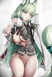 Rule 34 | 1girl, :p, absurdres, animal ear fluff, animal ears, arknights, bar censor, bottomless, breasts, breasts out, cape, cardigan, cat ears, cat tail, censored, commentary request, cowboy shot, female pubic hair, green eyes, green hair, grey cardigan, harmonie (arknights), highres, infection monitor (arknights), large breasts, long hair, long sleeves, looking at viewer, nipples, no bra, nopetroto, open cardigan, open clothes, pubic hair, pussy, solo, tail, thighs, tongue, tongue out, very long hair, white cape