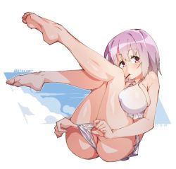 Rule 34 | 10s, 1girl, bare legs, barefoot, bikini, bikini pull, blue background, blush, breasts, clothes pull, commentary request, dated, food, gridman universe, hugging own legs, large breasts, looking at viewer, mouth hold, pocky, purple hair, red eyes, shinjou akane, solo, ssss.gridman, swimsuit, tareme, tilt-shift (azalanz), twitter username, white bikini