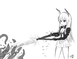 Rule 34 | 1-soa-1, 1girl, greyscale, gun, hanna-justina marseille, head wings, long hair, long sleeves, machine gun, mg42, monochrome, skirt, solo, strike witches, tentacles, weapon, wings, witches of africa, world witches series