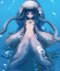 Rule 34 | 10s, 1girl, bare shoulders, bee (deadflow), blue background, blue hair, blush, bubble, collarbone, copyright request, dress, full body, granblue fantasy, monster girl, open mouth, pointy ears, red eyes, sleeves past wrists, solo, tentacles, underwater, white dress