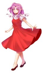 Rule 34 | 1girl, absurdres, breasts, brown footwear, closed mouth, commentary request, dress, eyelashes, full body, highres, korean commentary, kuya (hey36253625), looking at viewer, medium hair, no socks, pink eyes, pink hair, pointy ears, red dress, sara (touhou), serious, short sleeves, side ponytail, simple background, small breasts, standing, touhou, touhou (pc-98), v-shaped eyebrows, white background, white sleeves