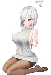 Rule 34 | 1girl, absurdres, backless outfit, breasts, commentary request, grey sweater, halterneck, hamakaze (kancolle), highres, kantai collection, kneeling, large breasts, maru (marg0613), meme attire, naked sweater, one-hour drawing challenge, ribbed sweater, simple background, sleeveless, sleeveless sweater, solo, sweater, turtleneck, turtleneck sweater, virgin killer sweater, white background