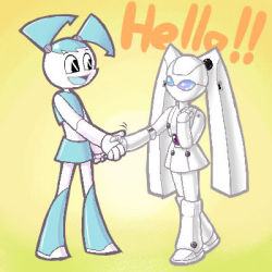 Rule 34 | 2girls, android, crossover, drossel von flugel, fireball (series), handshake, jenny wakeman, lowres, mecha, multiple girls, my life as a teenage robot, nickelodeon, robot, smile, twintails