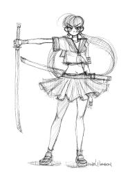 Rule 34 | 1girl, greyscale, mike156, monochrome, oneechanbara, saki (oneechanbara), school uniform, serafuku, simple background, solo, sword, weapon