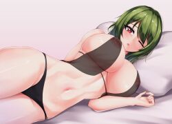 Rule 34 | 1girl, ;o, absurdres, black panties, breasts, commentary, green hair, grey background, highres, huge breasts, kazami yuuka, leo23, looking at viewer, lying, navel, nipples, on bed, on side, one eye closed, open mouth, panties, pillow, red eyes, see-through, short hair, simple background, solo, touhou, underwear, variant set