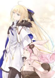 Rule 34 | 2girls, ahoge, armor, bag, baggy clothes, black bow, black gloves, black pantyhose, blonde hair, blue eyes, blue ribbon, bow, breastplate, brown bag, capelet, character name, closed eyes, drawstring, dress, fate/grand order, fate (series), fur-trimmed capelet, fur trim, gloves, habetrot (fate), hair bow, hat, highres, jacket, kino kokko, large buttons, light blush, long hair, long sleeves, looking at another, looking down, looking up, multiple girls, open mouth, pantyhose, parted lips, pink hair, pink headwear, pink jacket, pointy ears, ponytail, ribbon, side-by-side, simple background, sleeves past wrists, smile, spiked armor, striped ribbon, aesc (fate), twitter username, two-tone bow, walking, white background, white capelet, white dress
