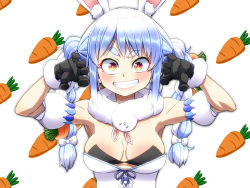 Rule 34 | 1girl, animal ears, aono3, black gloves, blue hair, blush, braid, breasts, cleavage, gloves, grin, highres, hololive, large breasts, long hair, looking at viewer, parted lips, rabbit-shaped pupils, rabbit ears, rabbit girl, red eyes, smile, solo, symbol-shaped pupils, teeth, twin braids, upper body, usada pekora, usada pekora (1st costume), virtual youtuber, white hair