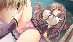 Rule 34 | 1girl, arms behind back, blush, braid, breasts, brown hair, chalkboard, discreet vibrator, covered erect nipples, from below, game cg, glasses, highres, large breasts, legs, long hair, looking down, looking up, open mouth, otome switch, panties, pink panties, school uniform, sex toy, skirt, standing, thigh grab, thighs, underwear, upskirt, vibrator, yellow eyes