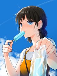 Rule 34 | 1girl, artist name, bag, black hair, blue eyes, blue sky, cloud, commentary request, food, holding, holding food, original, outdoors, popsicle, rai miruku, shirt, short hair, short sleeves, short twintails, sky, solo, sweat, twintails, twitter username, upper body, watermark, white shirt