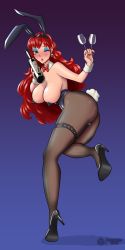 Rule 34 | absurdres, captain syrup, eyeshadow, high heels, highres, leotard, lipstick, makeup, mascara, nintendo, one eye closed, pantyhose, playboy bunny, pumps, red hair, red lips, shoes, solo, wario land, yatzyel