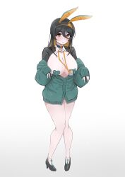 Rule 34 | 1girl, absurdres, animal ears, bare legs, black hair, blonde hair, blue archive, breasts, cardigan, cleavage, colored inner hair, fake animal ears, full body, heart pasties, highres, hinata (blue archive), lanyard, large breasts, long hair, looking at viewer, meme attire, multicolored hair, pasties, rabbit ears, reverse bunnysuit, reverse outfit, simple background, sleeves past wrists, solo, standing, two-tone hair, ushimochi, white background