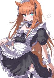 Rule 34 | 1girl, ?, alternate costume, animal ears, apron, blue eyes, blunt bangs, blush, breasts, collarbone, commentary request, enmaided, highres, horse ears, horse tail, itosu200, long hair, looking at viewer, maid, maid headdress, oversized clothes, silence suzuka (umamusume), small breasts, smile, solo, tail, thighhighs, umamusume, white background