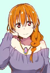 Rule 34 | 1girl, bad id, bad pixiv id, bare shoulders, earrings, jewelry, necklace, orange hair, original, pendant, red eyes, smile, solo, sololist, sweater