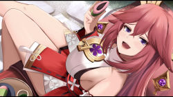 Rule 34 | 1girl, animal ears, bare shoulders, blush, breasts, detached sleeves, earrings, fox ears, genshin impact, hair ornament, jewelry, kanzaki kureha, large breasts, long hair, looking at viewer, necklace, open mouth, pendant, pink hair, purple eyes, red skirt, sidelocks, skirt, sleeveless, smile, solo, thighs, very long hair, wide sleeves, yae miko
