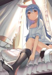 Rule 34 | 1girl, absurdres, animal ears, backlighting, bare shoulders, bed, black gloves, black panties, black thighhighs, blue hair, blush, closed mouth, curtains, day, don-chan (usada pekora), frills, fur-trimmed gloves, fur trim, gloves, hair between eyes, hair down, highres, hololive, indoors, kasa list, lace, lace-trimmed panties, lace trim, long hair, looking at viewer, no shoes, off shoulder, on bed, panties, pillow, puffy short sleeves, puffy sleeves, rabbit ears, red eyes, shirt, short eyebrows, short sleeves, sitting, soles, solo, sunlight, thick eyebrows, thighhighs, underwear, usada pekora, very long hair, virtual youtuber, white shirt