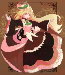 Rule 34 | 1girl, absurdres, blonde hair, brown eyes, dress, food-themed clothes, frilled dress, frills, fujimizushiika, full body, hat, highres, long hair, original, outstretched arms, personification, pocketland, smile, solo, tiramisu, wide sleeves