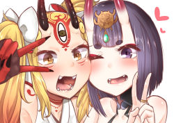 Rule 34 | 2girls, ;d, absurdres, bare shoulders, blonde hair, blush, bow, cheek-to-cheek, collarbone, commentary request, facial mark, fangs, fate/grand order, fate (series), forehead mark, hair bow, headpiece, heads together, heart, highres, horns, ibaraki douji (fate), ibaraki douji (swimsuit lancer) (third ascension) (fate), jewelry, long hair, looking at viewer, makano mucchi, multiple girls, one eye closed, oni, open mouth, purple eyes, purple hair, ring, short eyebrows, shuten douji (fate), sidelocks, simple background, skin-covered horns, smile, thick eyebrows, two side up, upper body, v over eye, white background, white bow