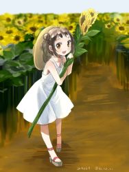 Rule 34 | 10s, 1girl, :d, alternate costume, brown eyes, brown hair, carrying, casual, contemporary, dated, double bun, dress, field, flower, flower field, hair bun, hat, holding, kantai collection, koruri, looking at viewer, naka (kancolle), open mouth, sandals, short hair, smile, solo, standing, straw hat, sun hat, sundress, sunflower, sunflower field, twitter username, white dress