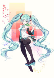 Rule 34 | 1girl, aqua hair, ayumi (xiwu), bad id, bad pixiv id, boots, detached sleeves, green eyes, hatsune miku, headset, high heels, highres, long hair, necktie, sitting, skirt, solo, spring onion, thigh boots, thighhighs, twintails, very long hair, vocaloid