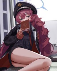 Rule 34 | 1girl, armband, ass, black hat, black jacket, black shirt, black skirt, blue archive, blush, book, buttons, collared shirt, commentary request, covering own mouth, eyelashes, feet out of frame, grey eyes, hair between eyes, halo, hand up, hat, head tilt, highres, holding, holding book, indoors, iroha (blue archive), jacket, komakomapanic, lapels, long hair, long sleeves, looking at viewer, military, military jacket, military uniform, miniskirt, necktie, on floor, open clothes, open jacket, panties, pantyshot, peaked cap, pencil skirt, raised eyebrows, red hair, red necktie, red panties, shirt, sidelocks, sitting, skirt, sleeve cuffs, sleeves past wrists, solo, tatami, underwear, uniform, very long hair, window