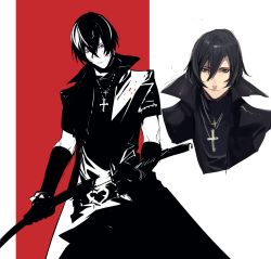 Rule 34 | 1boy, absurdres, black coat, black hair, blood, blood on face, blood on clothes, closed mouth, coat, cross, cross necklace, hair between eyes, highres, holding, holding sword, holding weapon, jewelry, male focus, mayutsuba mono, necklace, red eyes, scabbard, sheath, shiki (togainu no chi), sketch, smile, solo, sword, togainu no chi, turtleneck, two-tone background, unsheathing, weapon
