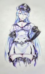 Rule 34 | 10s, 1girl, akame ga kill!, blue eyes, blue hair, boots, breasts, cleavage, colored pencil (medium), esdeath, from below, hair between eyes, hand on own hip, hat, long hair, military, military uniform, packge, peaked cap, thigh boots, thighhighs, traditional media, uniform, very long hair, zettai ryouiki