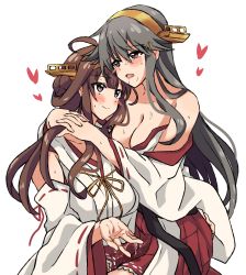 Rule 34 | 2girls, absurdres, ahoge, bad id, bad twitter id, black hair, breasts, brown eyes, brown hair, cleavage, commentary request, cowboy shot, detached sleeves, double bun, hair bun, hair ornament, hairband, hairclip, haruna (kancolle), headgear, heart, highres, hug, japanese clothes, kantai collection, kongou (kancolle), long hair, medium breasts, mizin kosutin, multiple girls, off shoulder, pleated skirt, red skirt, ribbon-trimmed sleeves, ribbon trim, simple background, skirt, suggestive fluid, white background, yuri