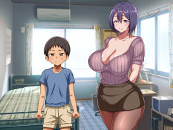 Rule 34 | 1boy, 1girl, arms behind back, bedroom, breasts, child, cleavage, cowboy shot, facing viewer, hair between eyes, hetero, hot mikan, indoors, large breasts, looking at viewer, mature female, mole, mole under eye, mother and son, pantyhose, purple eyes, purple hair, short hair, skirt, source request, standing