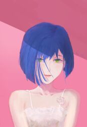 Rule 34 | 1girl, absurdres, artist name, asymmetrical hair, bare shoulders, blue hair, blunt ends, bob cut, close-up, collarbone, commentary, darling in the franxx, dress, dress flower, expressionless, flower, frilled dress, frills, green eyes, hair over one eye, highres, ichigo (darling in the franxx), looking at viewer, messy hair, parted lips, pink background, pink lips, portrait, shadow, short hair, signature, sleeveless, sleeveless dress, solo, spaghetti strap, sundress, v arms, white dress, white flower, xilmo