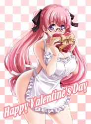 Rule 34 | 1girl, apron, black-framed eyewear, black ribbon, blush, box, breasts, checkered background, cleavage, commentary, commentary request, covering own mouth, cowboy shot, english commentary, english text, frilled apron, frills, gift, hair ribbon, happy valentine, heart-shaped box, holding, holding gift, large breasts, leaning forward, long hair, looking at viewer, low-tied long hair, mixed-language commentary, naked apron, nude, original, pink hair, purple eyes, ribbon, semi-rimless eyewear, solo, standing, tonpuu, twintails, under-rim eyewear, valentine, very long hair
