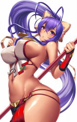 Rule 34 | 1girl, antenna hair, bare shoulders, blazblue, blazblue: central fiction, blazblue variable heart, blue hair, blush, bow, breasts, curvy, fingerless gloves, floating hair, gloves, groin, hair between eyes, hair bow, hand up, highres, holding, holding weapon, large breasts, long hair, looking at viewer, mai natsume, open mouth, ponytail, purple eyes, ribbon, shiny skin, sideboob, sidelocks, skindentation, solo, takanashi-a, very long hair, weapon, yellow bow