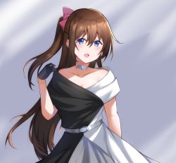 Rule 34 | 1girl, bare shoulders, black dress, black gloves, blue eyes, bow, breasts, brown hair, choker, cleavage, collarbone, dress, evening gown, gloves, hair between eyes, hair bow, half updo, highres, jewelry, lace, lace gloves, long hair, love live!, love live! nijigasaki high school idol club, multicolored clothes, necklace, off-shoulder dress, off shoulder, osaka shizuku, ponytail, red bow, sidelocks, sleeveless, sleeveless dress, solitude rain (love live!), solo, two-tone dress, upper body, white bow, white dress