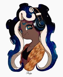 Rule 34 | 1girl, artist name, black shirt, blue eyes, blue hair, breasts, cephalopod eyes, cleavage, closed mouth, collarbone, crop top, dark-skinned female, dark skin, female focus, grey background, headphones, highres, jacket, long hair, long sleeves, looking at viewer, marina (splatoon), mole, mole under mouth, nintendo, octoling, open clothes, open jacket, orange jacket, orange pupils, raised eyebrows, shirt, shogo (shogo70449442), signature, simple background, small breasts, solo, splatoon (series), splatoon 2, split mouth, suction cups, tentacle hair, tentacles