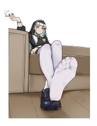 Rule 34 | 1girl, cigarette, couch, feet, foot focus, green eyes, highres, light smile, loafers, long hair, looking at viewer, nun, shoes, unworn shoes, silver hair, single shoe, sitting, smoking, soles, thighhighs, toes, white thighhighs