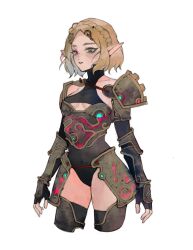 Rule 34 | 1girl, alternate costume, armor, armored boots, black gloves, black leotard, black thighhighs, boots, braid, breasts, covered navel, cropped legs, crown braid, fingerless gloves, gloves, green eyes, hair ornament, hairclip, highres, jiuminene, leotard, medium breasts, nintendo, parted bangs, pointy ears, princess zelda, short hair, shoulder plates, solo, teeth, the legend of zelda, the legend of zelda: tears of the kingdom, thighhighs