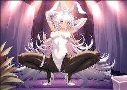 Rule 34 | 1girl, animal ears, arms up, blush, cluseller, elbow gloves, embarrassed, fate (series), gloves, high heels, leotard, long hair, merlin (fate/prototype), pink eyes, playboy bunny, rabbit ears, solo, spread legs, squatting, white gloves, white hair, white leotard