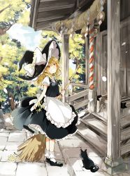 Rule 34 | 1girl, apron, black dress, blonde hair, blue sky, bobby socks, bow, box, braid, broom, cat, cloud, day, donation box, dress, flower, frills, grin, hakurei shrine, hat, hat bow, highres, kirisame marisa, long hair, looking at viewer, mary janes, messy hair, outdoors, poprication, puffy short sleeves, puffy sleeves, revision, ribbon, rope, shide, shimenawa, shirt, shoes, short sleeves, shrine, shrine bell, single braid, sky, smile, socks, solo, touhou, tree, tsurime, waist apron, wavy hair, witch, witch hat, yellow eyes