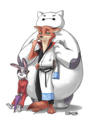 Rule 34 | 1boy, 1girl, :3, :d, alternate costume, animal, baymax, baymax (cosplay), bei ju luoxuan wan, between legs, big hero 6, bun cover, chin rest, chinese clothes, closed umbrella, cosplay, crossover, disney, fox, furry, furry female, furry male, fusion, gintama, glasses, green eyes, hand on another&#039;s shoulder, head on head, head rest, holding, holding umbrella, japanese clothes, judy hopps, kagura (gintama), kagura (gintama) (cosplay), kimono, leaning back, long sleeves, looking at another, looking at viewer, looking up, nick wilde, nose picking, open mouth, pants, purple eyes, rabbit, sadaharu, sakata gintoki, sakata gintoki (cosplay), shimura shinpachi, shimura shinpachi (cosplay), short sleeves, simple background, smile, standing, tail, tail between legs, umbrella, unworn eyewear, v arms, white background, zootopia
