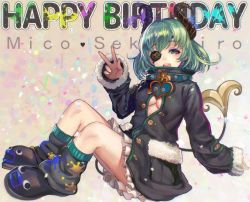 Rule 34 | 1girl, nanashi inc., black coat, black footwear, blush, boots, breasts, buttons, clothing cutout, coat, commentary request, demon girl, demon horns, eyepatch, full body, green eyes, green hair, happy birthday, heart, honey strap, horns, hoshinonedoco, long sleeves, looking at viewer, medium breasts, open mouth, sekishiro mico, short hair, sitting, smile, solo, unbuttoned, underboob cutout, v, virtual youtuber