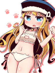 Rule 34 | bare arms, bare shoulders, bell, blonde hair, blue eyes, blue hat, blush, bra, breasts, cat cutout, cat ear panties, cat lingerie, choker, cleavage cutout, clothing cutout, collarbone, commentary request, drop shadow, dutch angle, etrian odyssey, frilled bra, frills, fur-trimmed headwear, fur trim, groin, gunner (sekaiju), hands up, hat, jingle bell, long hair, meme attire, naga u, navel, neck bell, open mouth, panties, sekaiju no meikyuu, sekaiju no meikyuu 2, side-tie panties, small breasts, solo, teeth, underwear, underwear only, upper teeth only, very long hair, white background, white bra, white choker, white panties