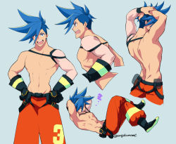 Rule 34 | 1boy, abs, arched back, arms behind head, blue eyes, closed eyes, crossed legs, dimples of venus, galo thymos, gloves, grey background, hand in own hair, hands on own hips, igote, looking at viewer, looking back, male focus, mohawk, pants, promare, simple background, sleeping, smile, solo, soyasengoku, toned, toned male, topless male