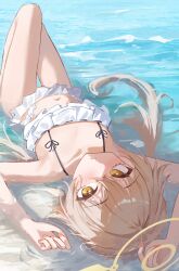 Rule 34 | 1girl, absurdres, alpha beast, bare arms, bare legs, bare shoulders, bikini, blue archive, blush, closed mouth, frilled bikini, frills, hair between eyes, halo, hifumi (blue archive), hifumi (swimsuit) (blue archive), highres, light brown hair, long hair, looking at viewer, low twintails, lying, official alternate costume, on back, solo, swimsuit, twintails, water, white bikini, yellow eyes, yellow halo